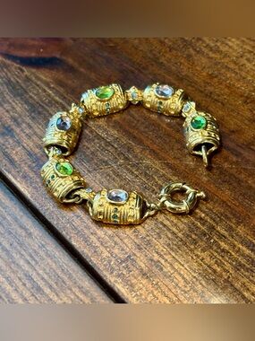 Vintage Premier Designs Gold Bracelet Barrel Links Green Pink Rhinestones